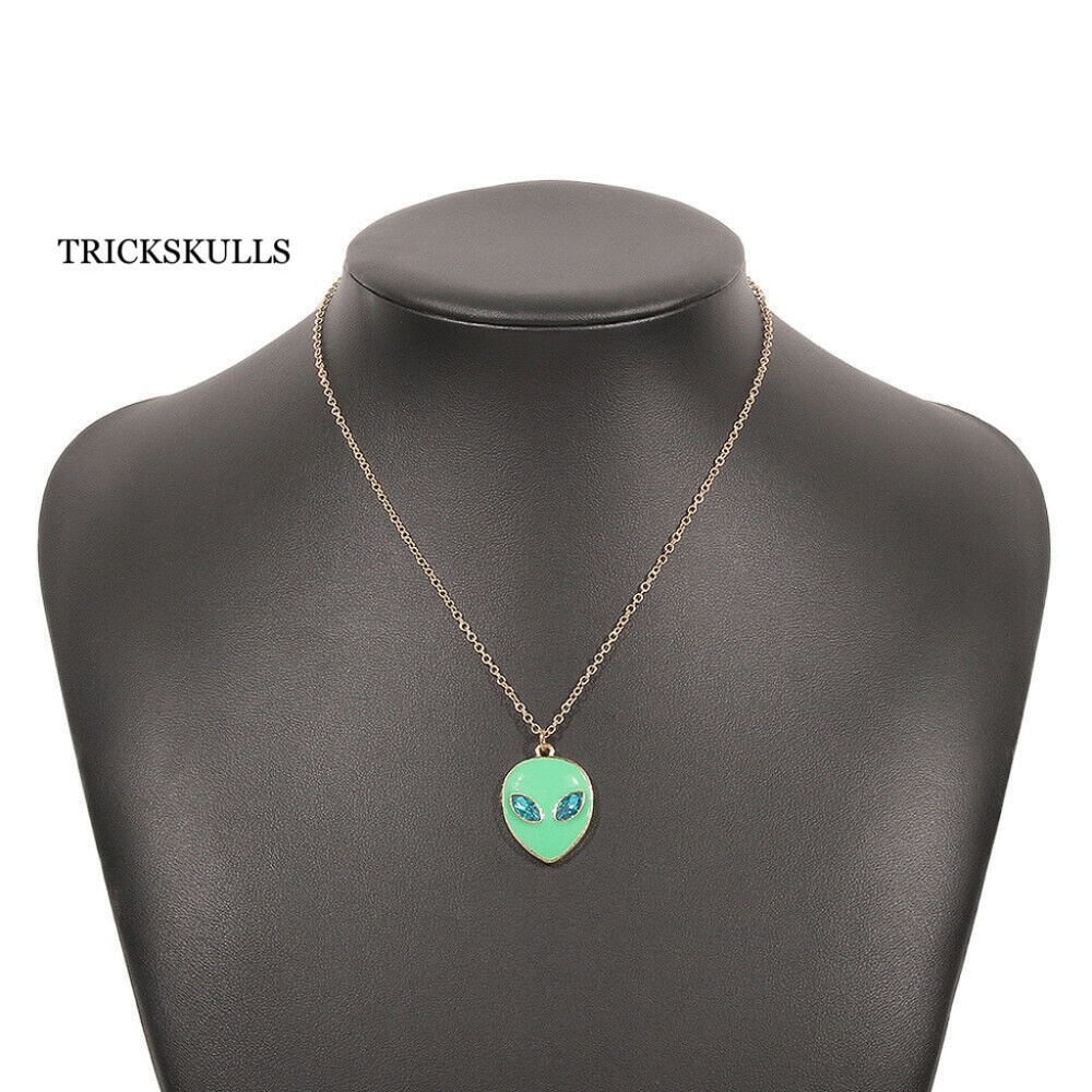 Gold Tone Green Pastel Enamel Space Alien Blue Crystal Eyes 18” Gold Chain NEW!